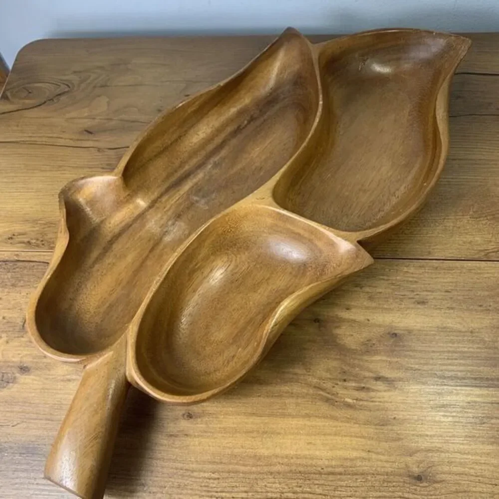 Vintage Genuine Monkey Pod Wood Hand Crafted Large Leaf Relish Dish Hong Kong